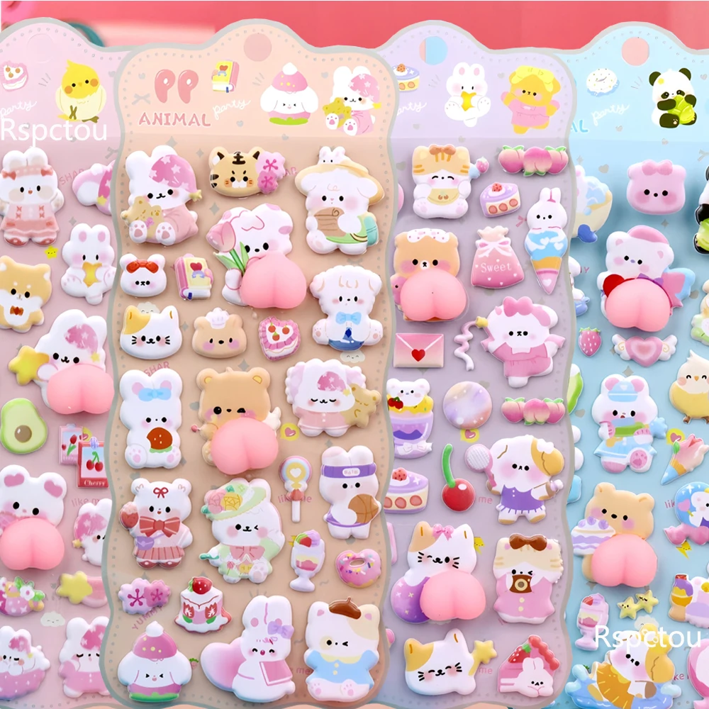 

Cute Cartoon Animals Cat Rabbit Bear Buttocks Stickers Kawaii Creative Soft Pinchable Decompression Toy Bubble Decals Wholesale