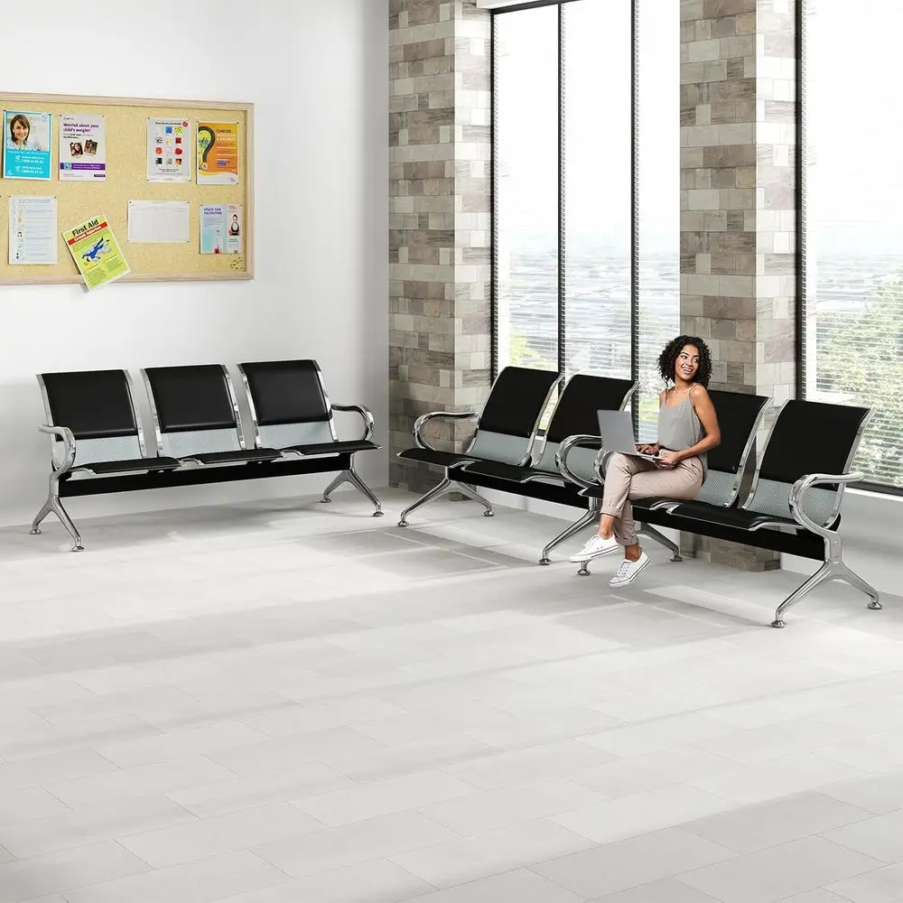 

3-Piece Black PU Leather Waiting Room Chairs Set with Armrests for Various Public Spaces