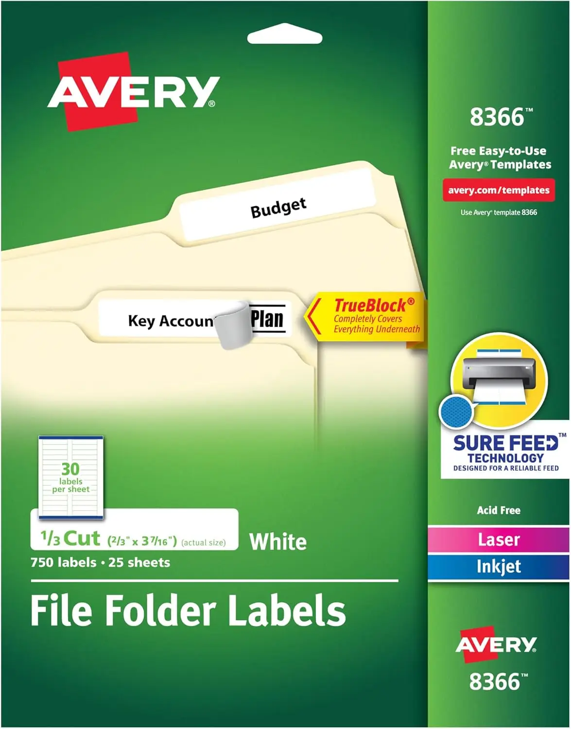 

File Folder Labels with TrueBlock Technology, Permanent Adhesive, 2/3" x 3-7/16", Laser/Inkjet Compatible, 750 Labels per Pack