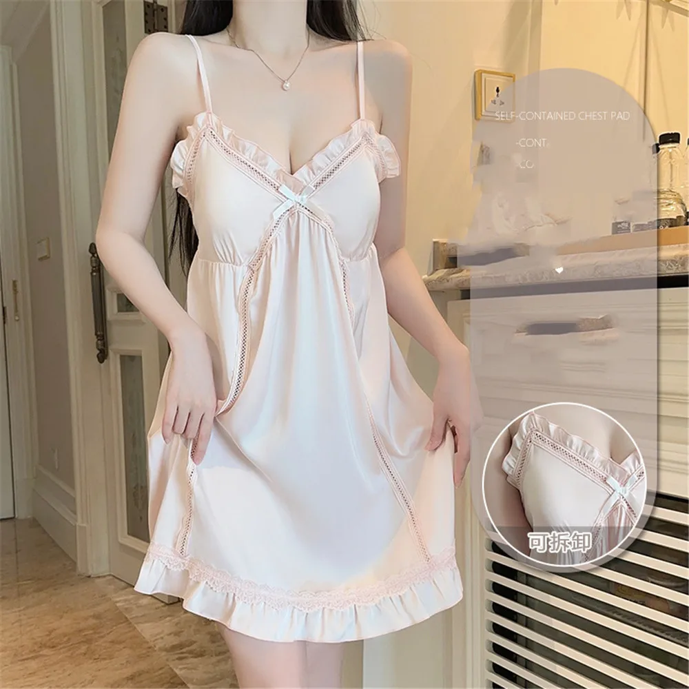 

Summer Backless Faux Silk Nightdress With Bra Patchwork Women Sexy Suspender Nightgown Sleepwear Hollow Lace Intimate Lingerie