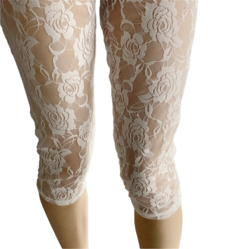 Short en maille ajouré pour femmes, pantalon court, taille haute, Capris transparent, collant transparent en dentelle florale,