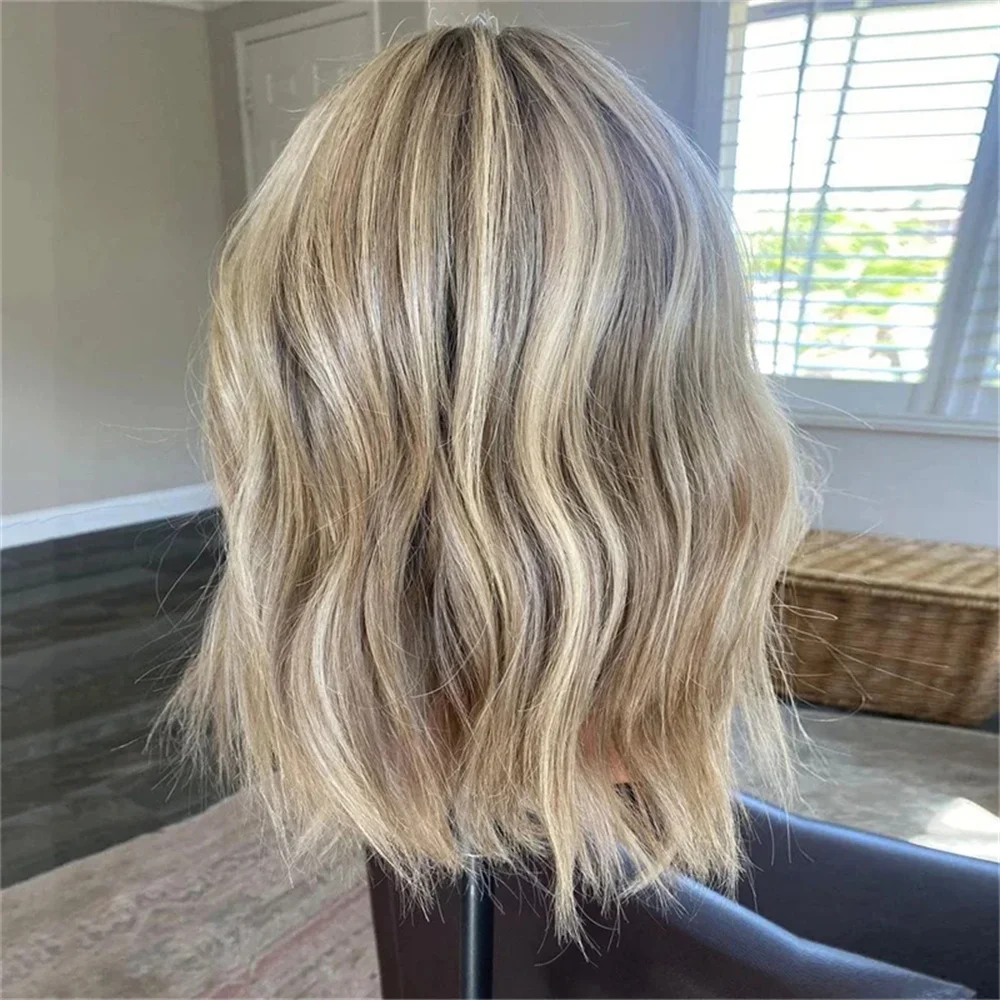Blonde Bob Wig Ashy Highlights High Heat Synthetic Lace Front Wig for Women Dark Roots Short Natural Wave Cosplay Style Wear&Go