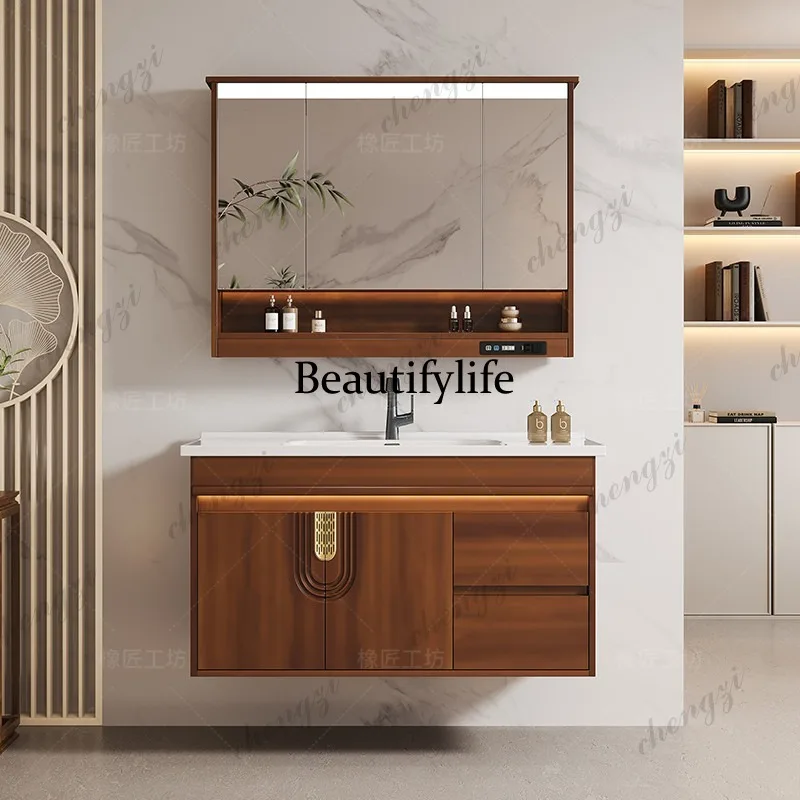 New Chinese bathroom cabinet, ceramic integrated basin, oak floor-to-ceiling cabinet, bathroom hand wash, washstand