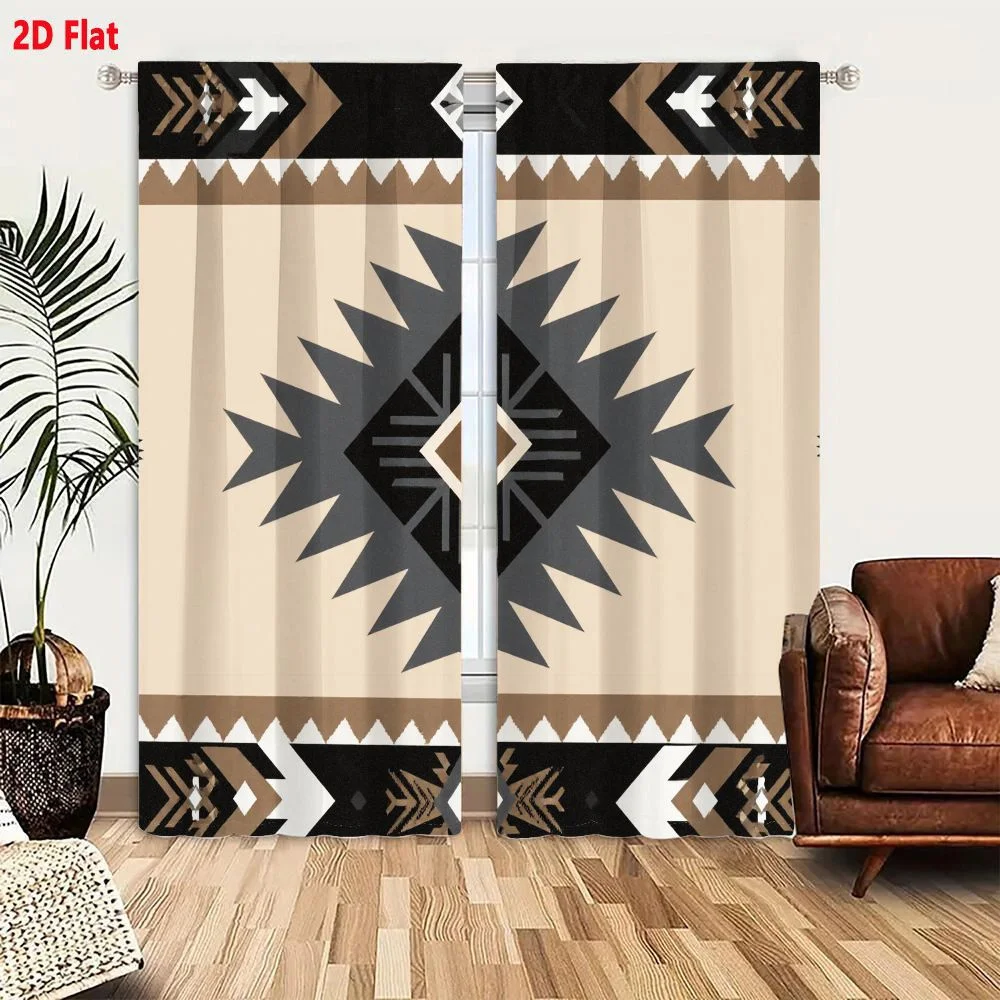 2Pcs Curtains 2D Flat Southwestern Native American Inspired Geometric Pattern Black Gray White Beige Brown Diamond Starburst Mot