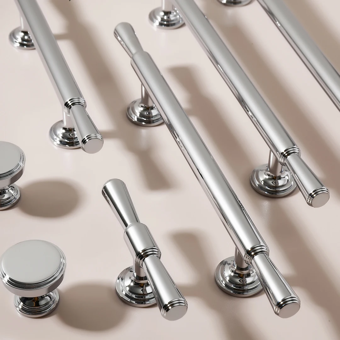 Bright Silver Furniture Handles Solid Brass Chrome Luxury Long Pulls Modern Minimalist Kitchen Cabinet Wardrobe Knobs