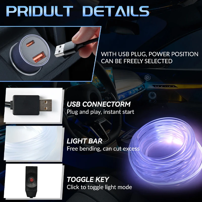 Colorful car interior ambience lamp，center Console dashboard neon ambience lamp，USB interface decorative ambient lighting