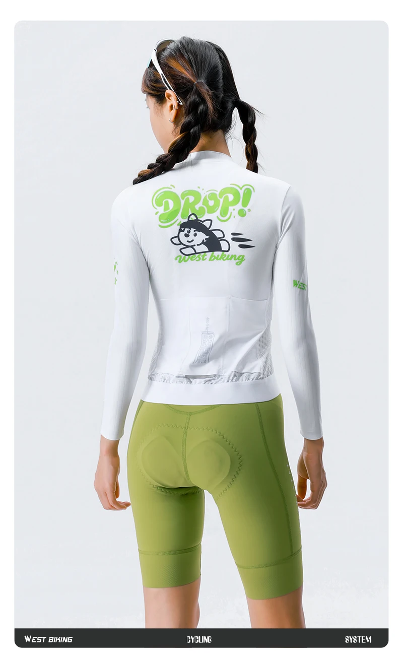 WEST BIKING Damen Fahrradtrikot Langarm Atmungsaktiv Schnelltrocknend Weiß Grün Racing Slim Fit Fahrradbekleidung Sommer-Reitoberteil – Detail 13