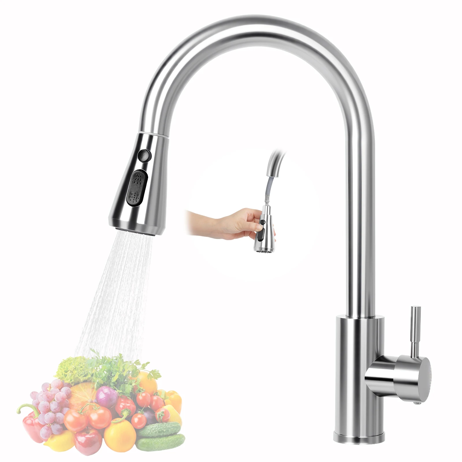 Image of Küchenarmaturen aus Edelstahl, ausziehbarer Küchenarmatur-Wasserhahn, deckenmontierter Mischer mit Strahl- und Sprühkopf, Warm- und Kaltwasserhähne