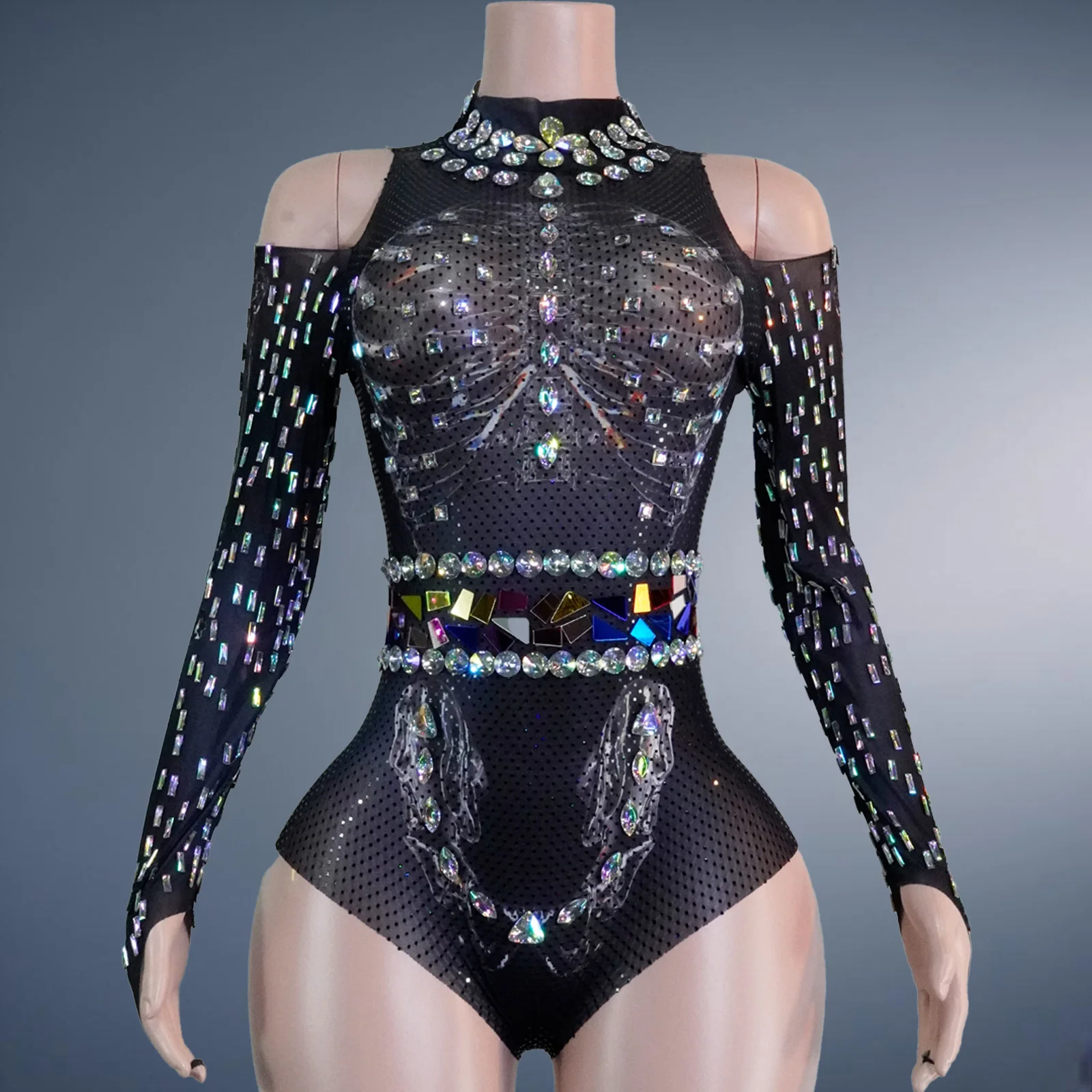 여성 원피스 바디수트 메쉬 크리스탈 라인스톤 스팽글 오프숄더 긴팔 바디콘 클럽웨어 드랙퀸 골드 댄스 의상