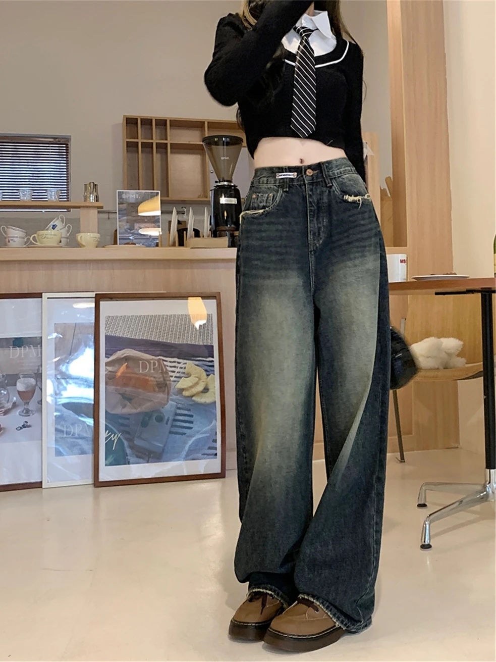 

American High Street Loose Wide Leg High Waist Blue Jeans Women's Autumn Winter plus Size Flattering Loose Straight Leg Pants