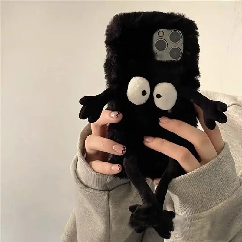 Plush briquettes soft Plush Phone Case For iPhone 11 12 13 14 Pro XR X Xs Max mini 7 8 6 6s Plus MAX 5 5S SE 3D Fur Back Area