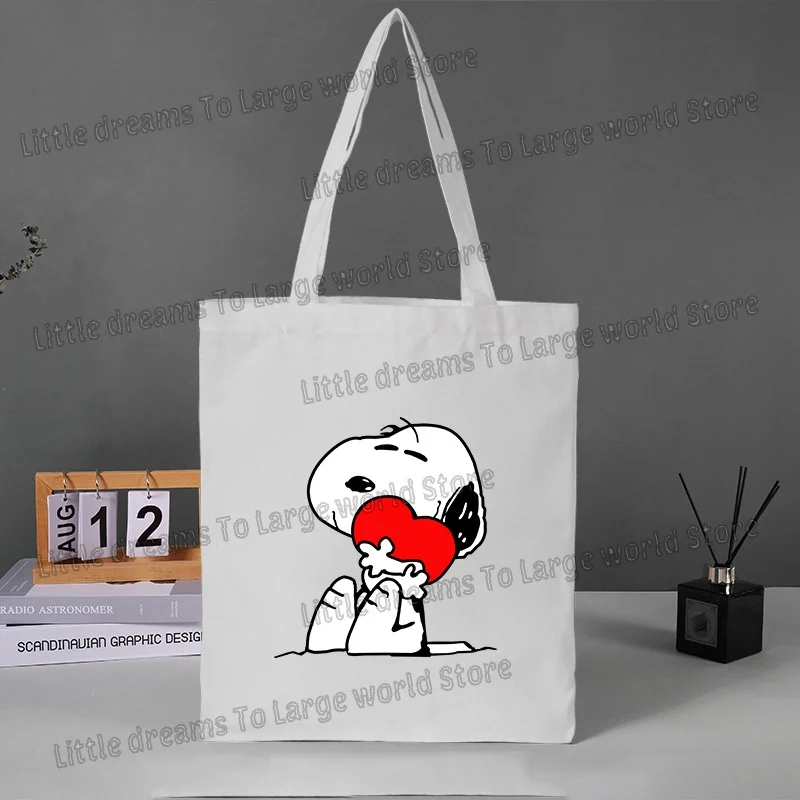 กระเป๋าผ้าแคนวาสลายสนูปปี้ พิมพ์ลายอนิเมะ ใช้ซ้ำได้ พับเก็บได้ กระเป๋าถือสำหรับผู้หญิง ซักได้ กระเป๋าใส่ของชำแบบพกพา เป็นมิตรกับสิ่งแวดล้อม