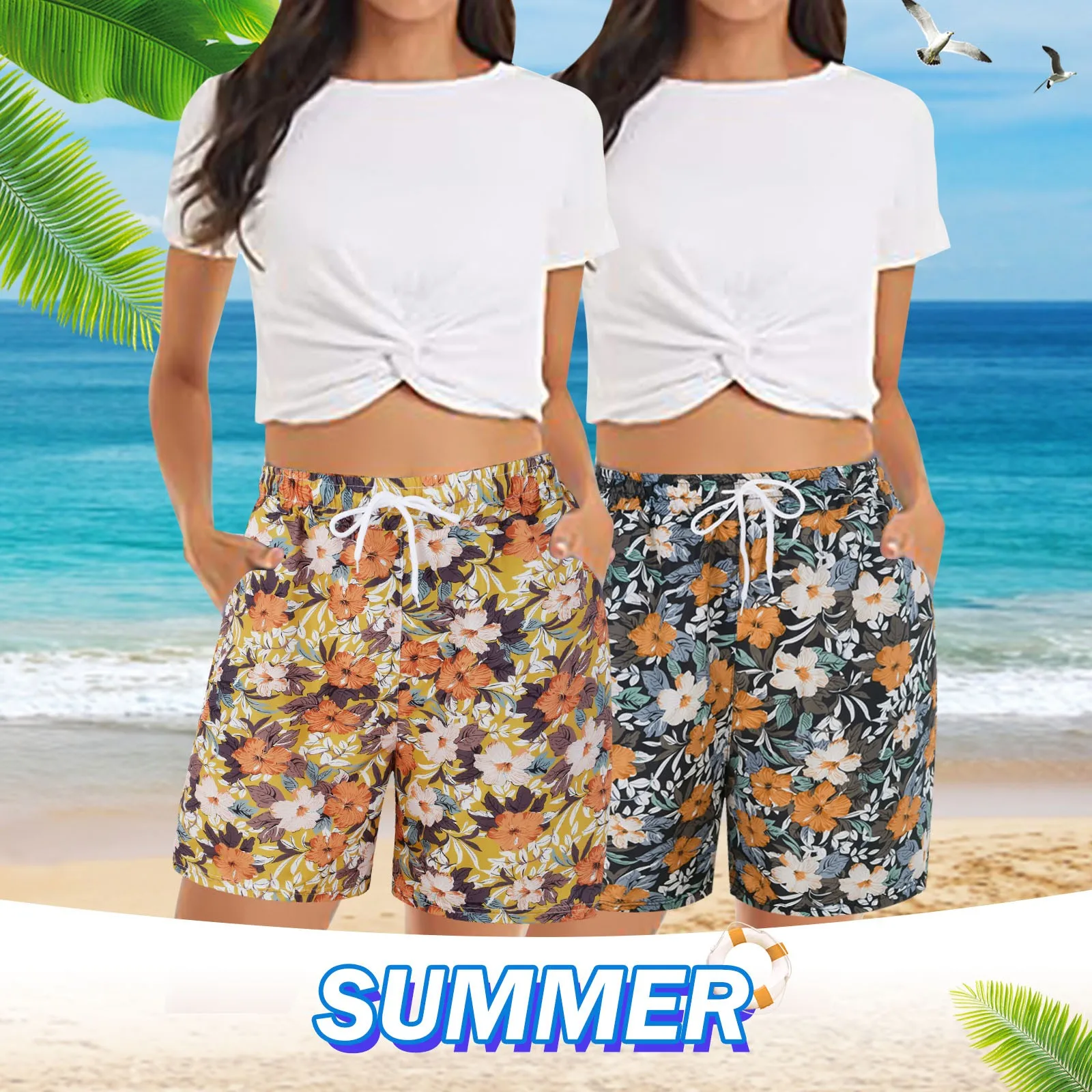 

Women's Casual Shorts Summer Comfortable Beach Shorts Drawstring Elastic Waist Fashion Floral Printing Shorts With Pockets