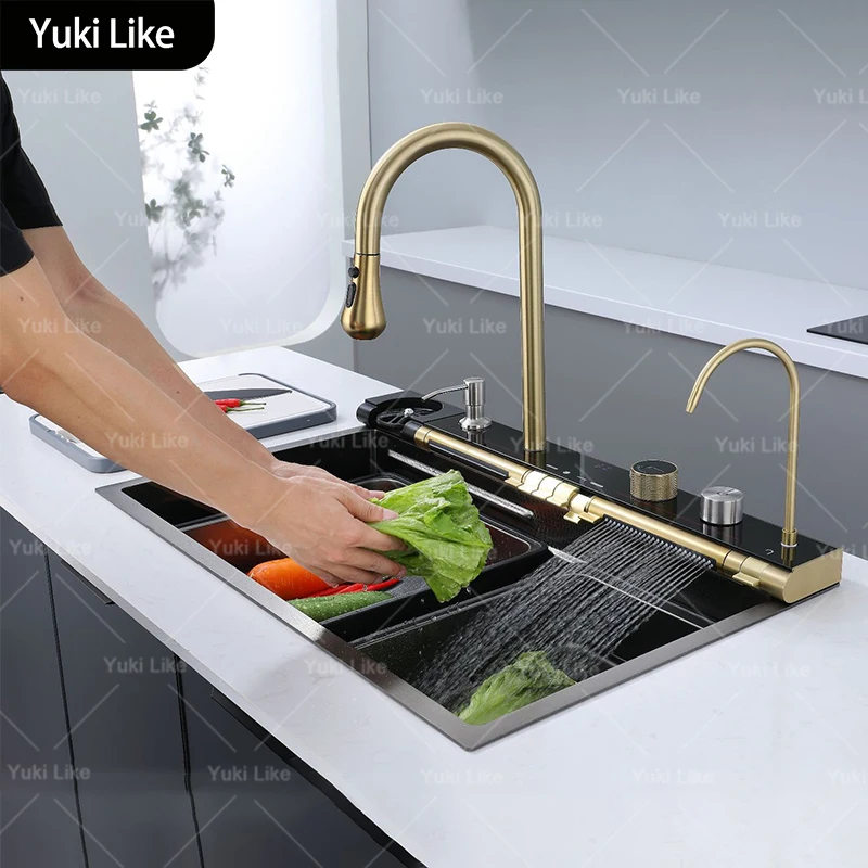 شلال منزلي حوض المطبخ الذهبي الفولاذ المقاوم للصدأ متعدد الوظائف حوض غسالة الصحون فتحة واحدة كبيرة وعاء غسيل الخضار