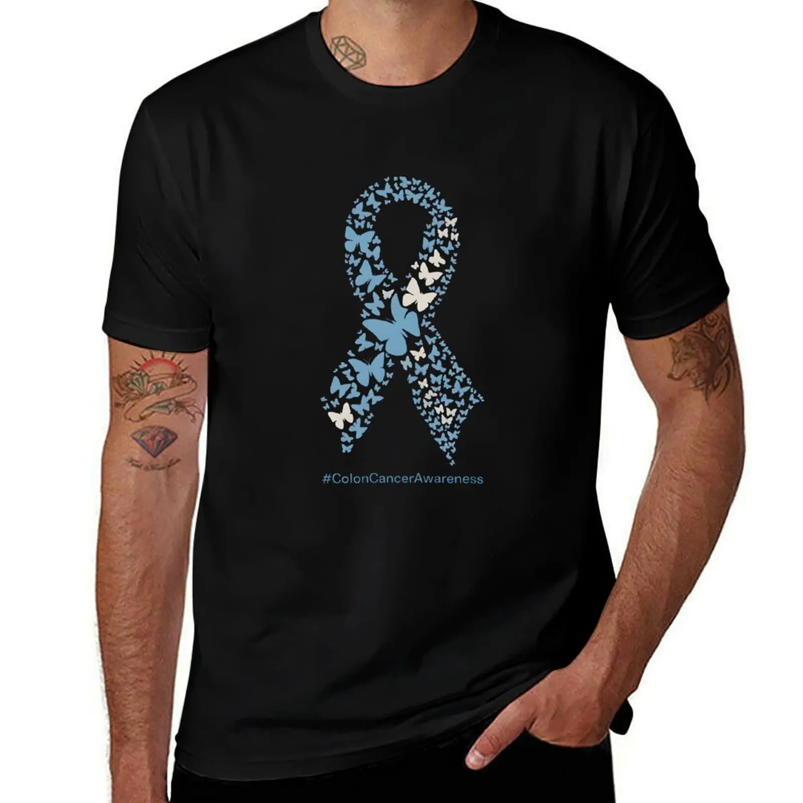 

Colon Cancer Awareness Colonoscopy Blue Ribbon Butterflies T-Shirt blanks street wear aesthetic clothes Men's t shirts