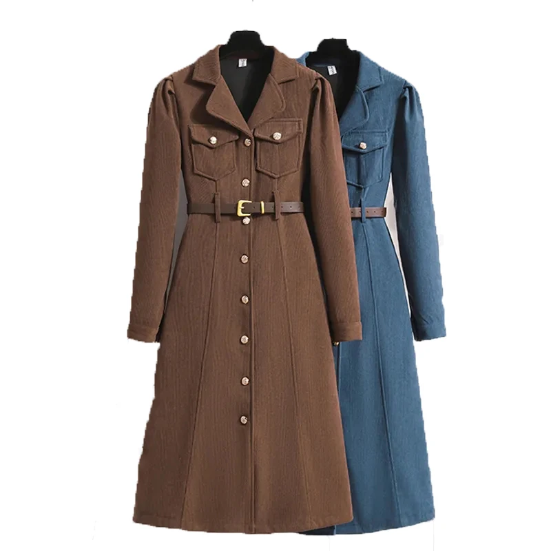 

Spring Autumn Mid-Long Corduroy Dress Women 2024 New Suit Collar Single-Breasted Loose Dresses Fashion Belt A-Line Skirt Female