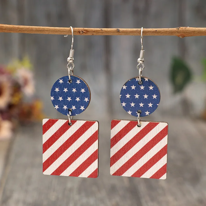 New Vintage Style Independence Day Geometric Patchwork Printed US Flag Wooden Charming Earrings for Women Moms