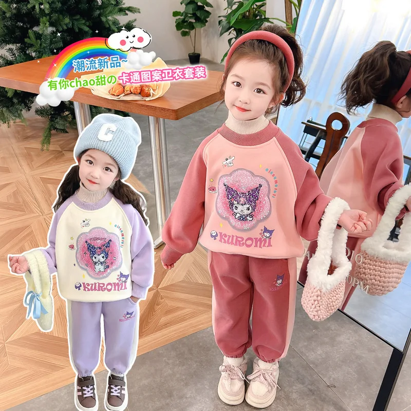 

Kawaii Sanrio Kuromi Cinnamoroll 2Pcs Girls Hoodie Pants Autumn Cartoon Cute Anime Children Sequin Fashion Clothes Tide Kid Gift