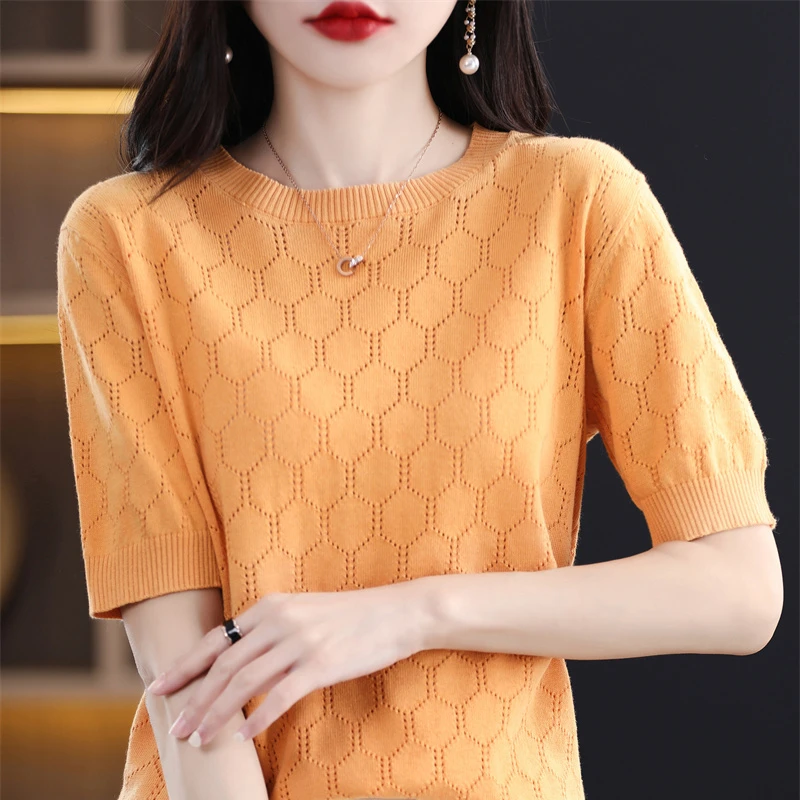 2023 new 100% cotton women\'s short-sleeved round neck knitted pullover women\'s short-sleeved loose fashion T-shirt top