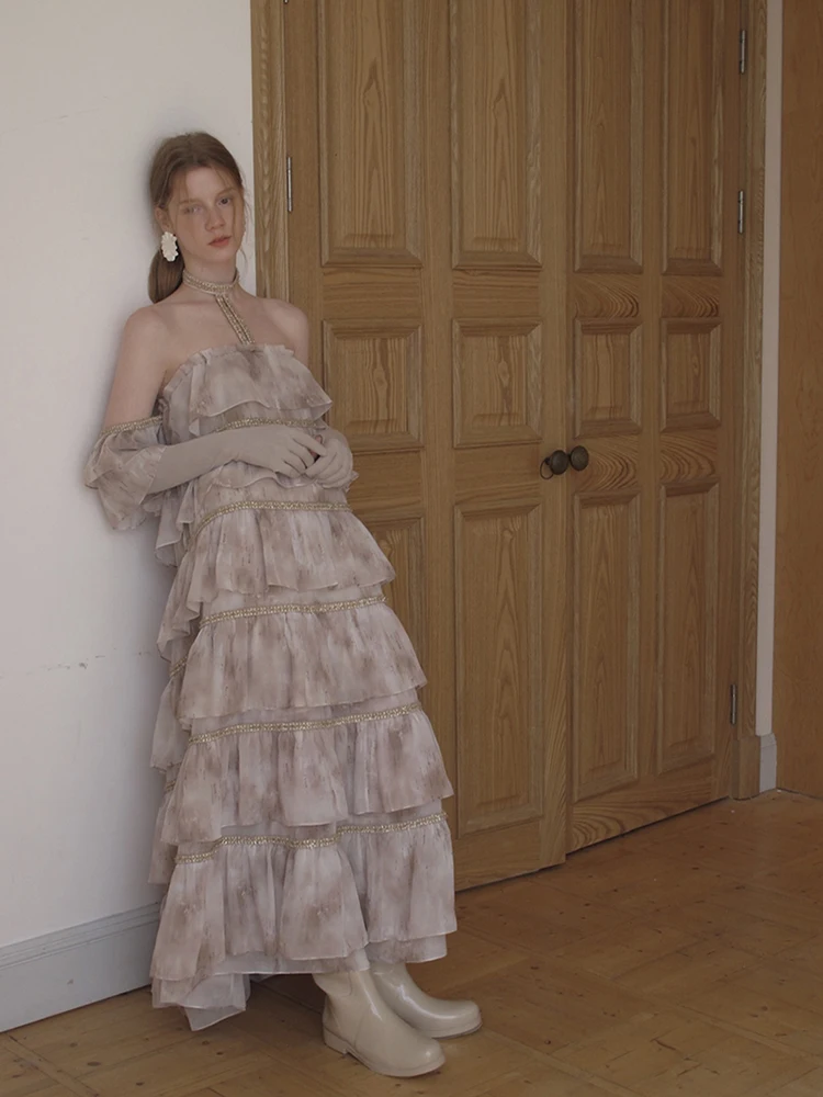 Roriri tie dye feminino fora do ombro halter vestido de mangas curtas ponto em camadas plissado a linha princesa bolo vestido retro y2k roupas