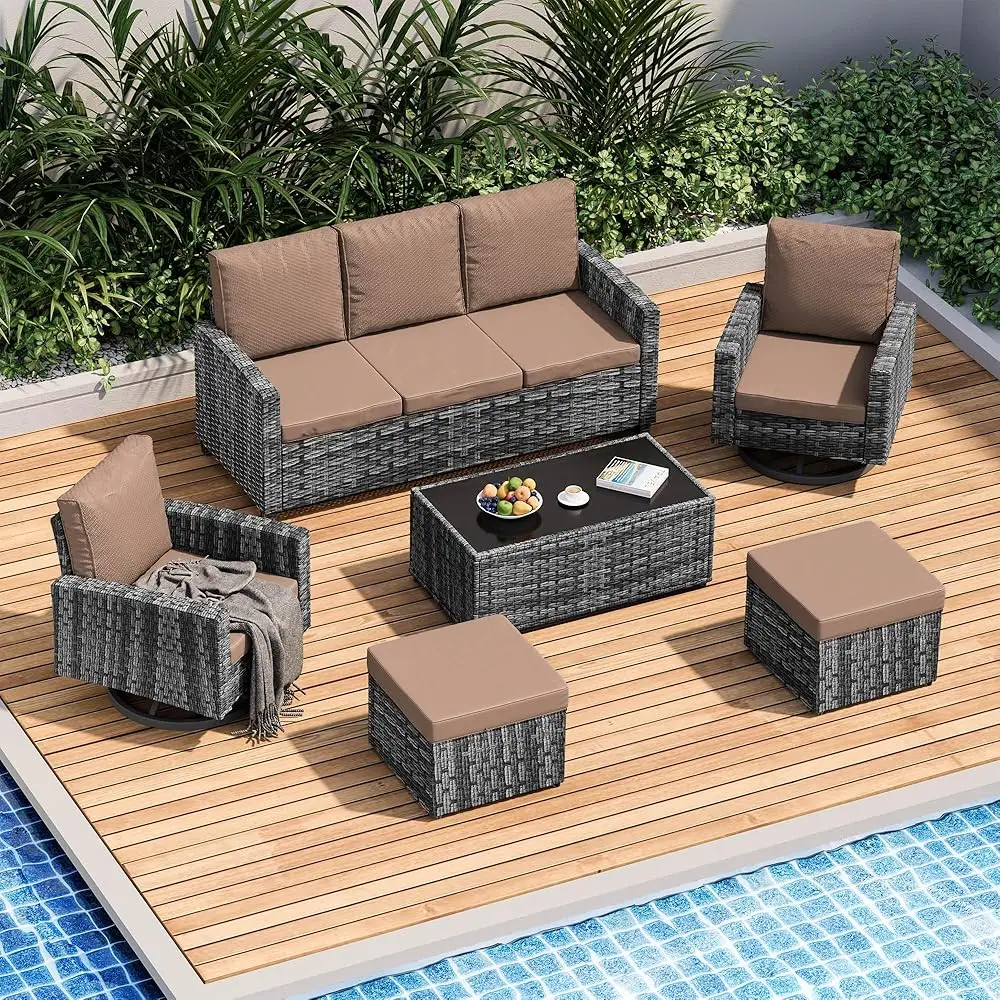 

6 Piece Outdoor Patio Furniture Set, Outdoor Wicker Rattan Sofa With Swivel Chairs, Ottomans, Comfy Cushions, Coffee Table, All