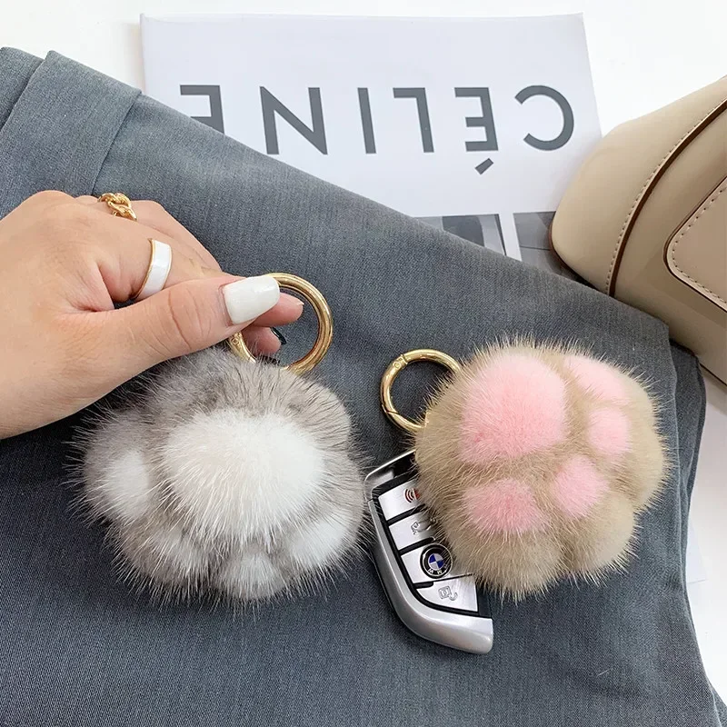 Women Car Key Pendant Real Mink Fur Cat Paw Toy Keychain Cute Bag Charm Ornaments Soft Pompom Plush Cute Bear Claw Key Rings