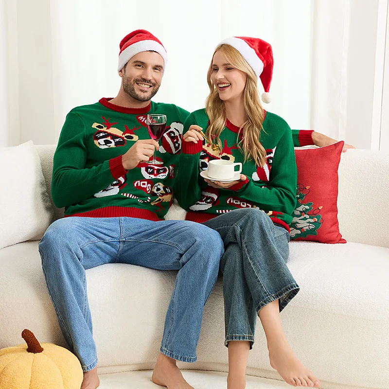 크리스마스 니트 스웨터 그린 산타 순록 자카드 패밀리 매칭 세트 커플 의상 남여 축제 착용