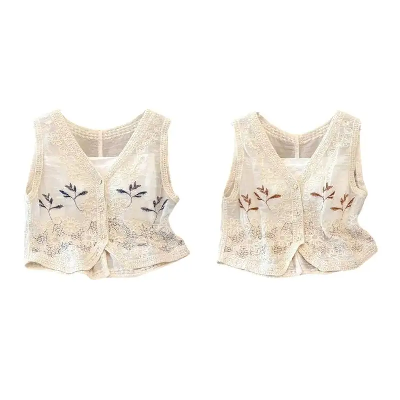 

652F вышитый хлопковый жилет для женщин безрукавка для повседневной или пляжной одежды