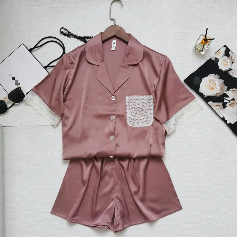

Summer New Pijama Mujer Lace Trim Pajama Sets 2 Pieces Sleepwear Short Sleeve Shirt Shorts Suit Ice Silk Nightwear Loungewear