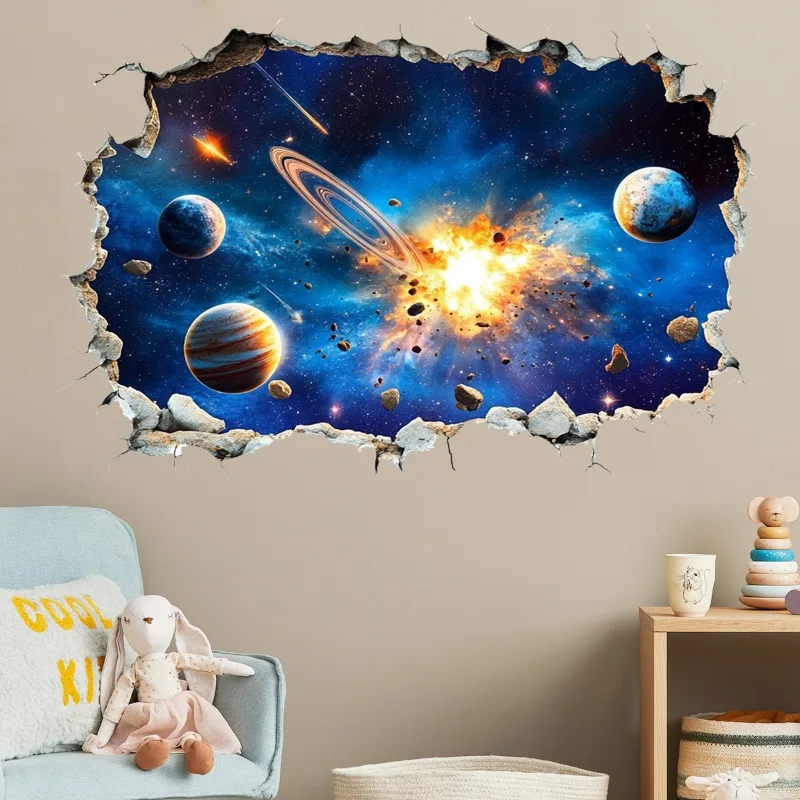 3D Cosmic Space Planet Broken Wall Stickers For Kids Room Bedroom Decals Nursery Home Decoration Mural Break The Wall Wallpaper
