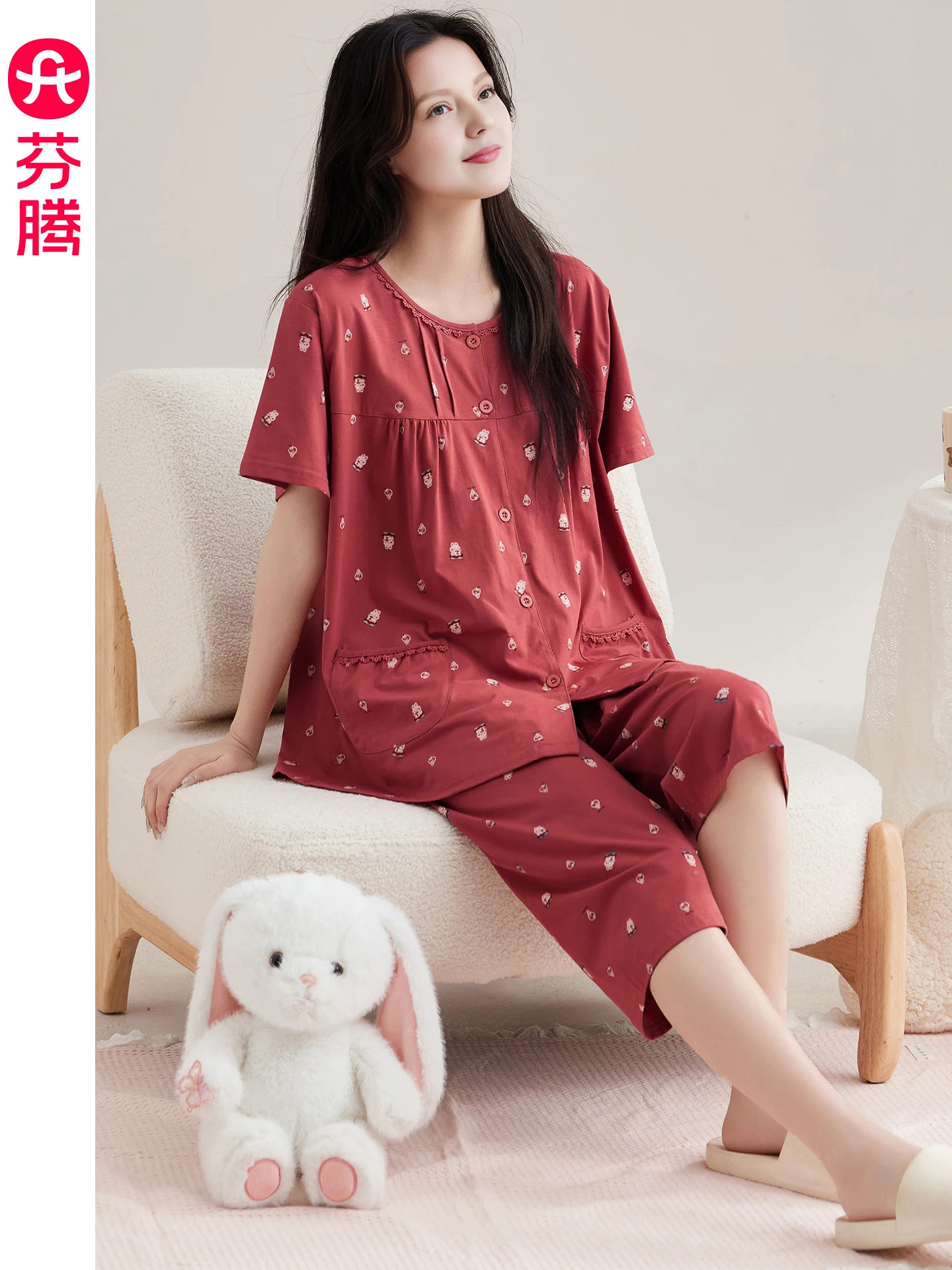 fenteng-pure-cotton-short-sleeve-sleepwear-summer-thin-casual-loose-cartoon-round-neck-open-cardigan-home-clothes-set-for-women