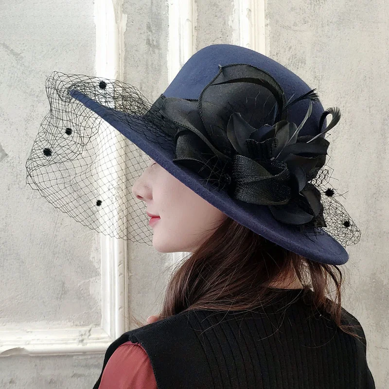 New autumn winter Hepburn-style wide-brimmed wool hat British retro felt mysterious tulle flower embellished fascinator hats