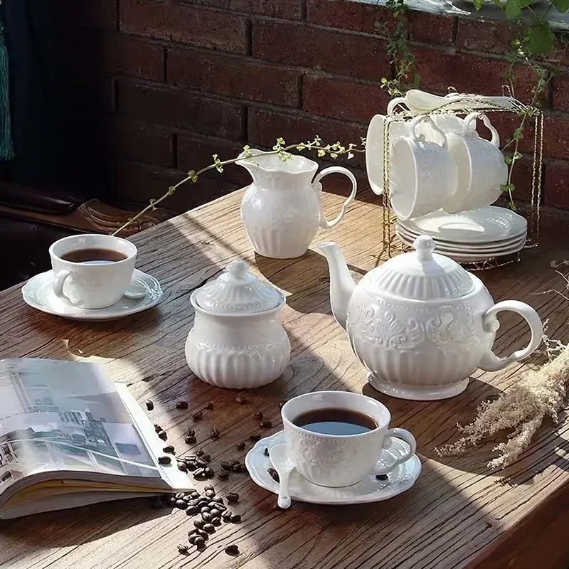European Embossed Leaf Pattern White Ceramic Coffee Teapot Restaurant Household Bone China Pot Cup Toffee Jar