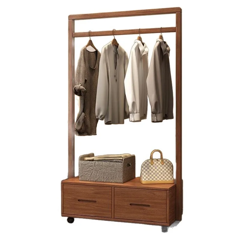 Walnut hanger, floor hanger, household bedroom mobile drawer, solid wood clothes storage simple coat rack