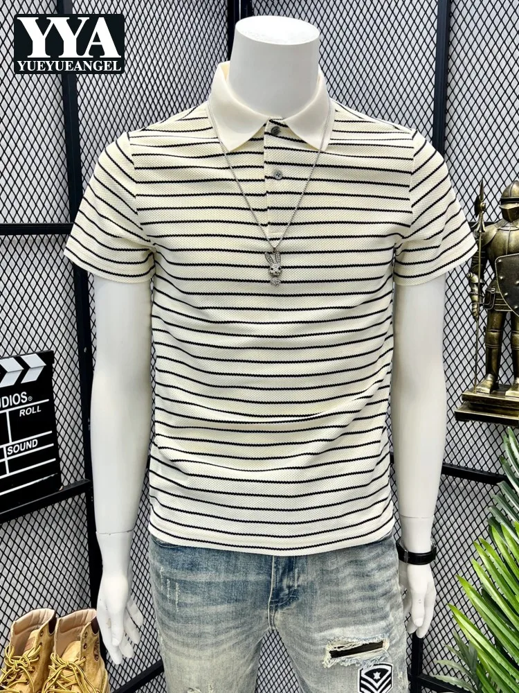 

New Style Summer Youth Mens Short Sleeved Striped Tees Turndown Collar Pullover Male Slim T-shirts Hot Sale Daily Casual Tops