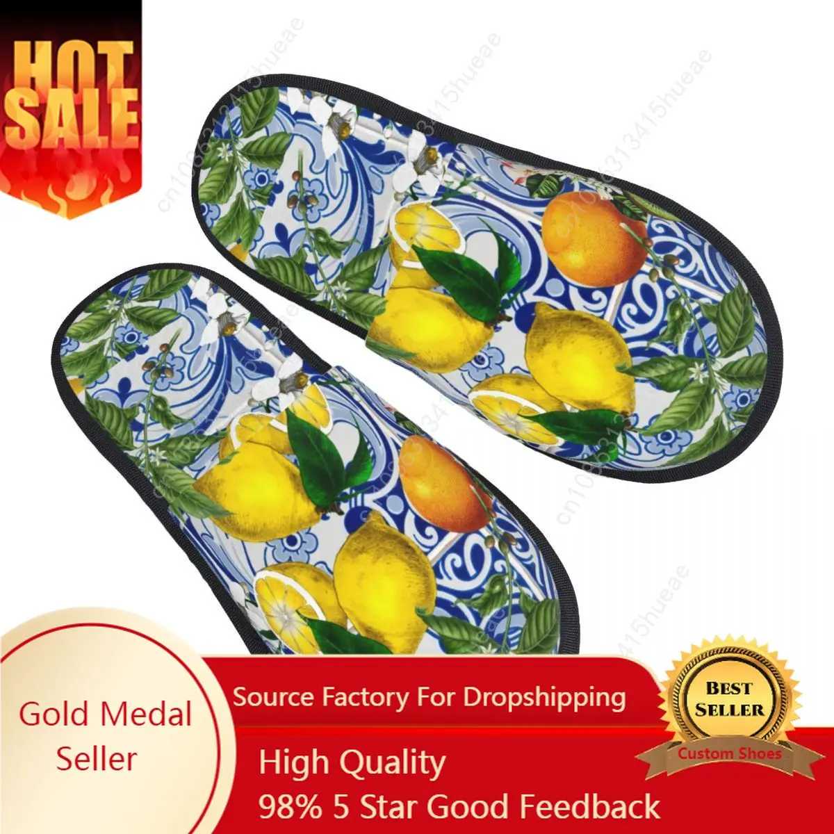 

Mediterranean Lemon On Blue Ceramic Tiles Guest Slippers for Spa Women Custom Print Summer Citrus Fruit House Slipper