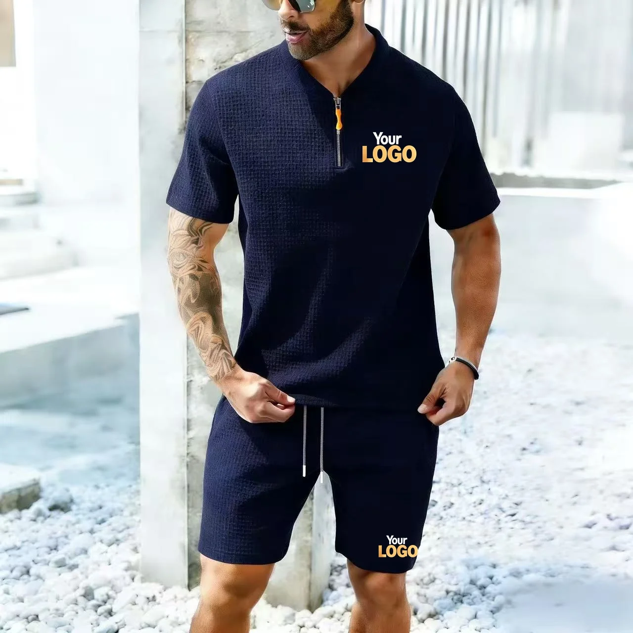 LOGO customization for European and American men's casual plaid solid color stand up collar short sleeved shorts two-piece set