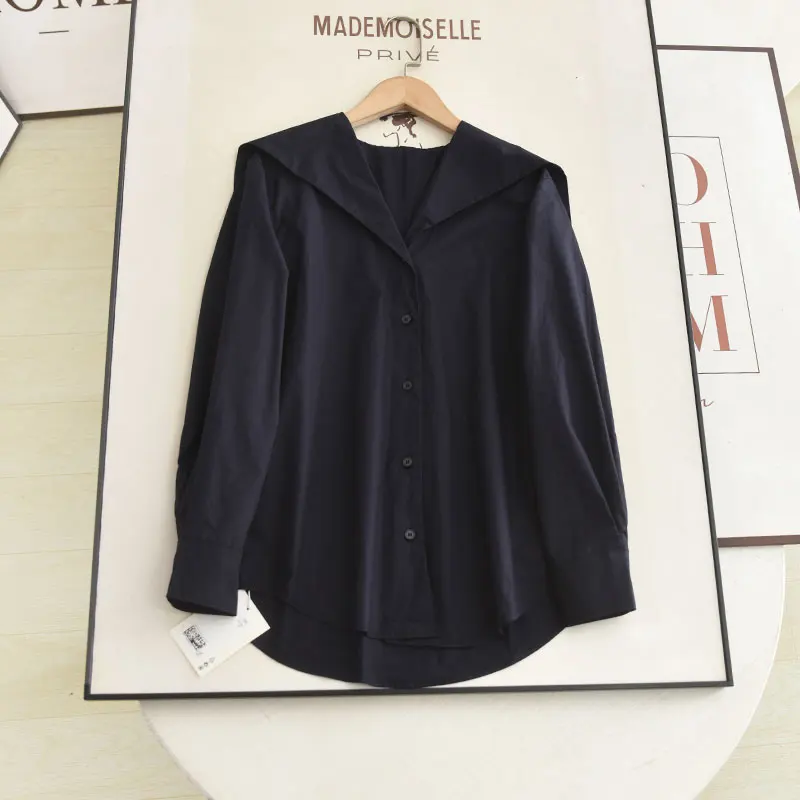 

Nordic Sle Loose Casual irt Navy Collar Slimming k Blue Versatile Women's Faion Breathable Long Sve Autumn New Ar...