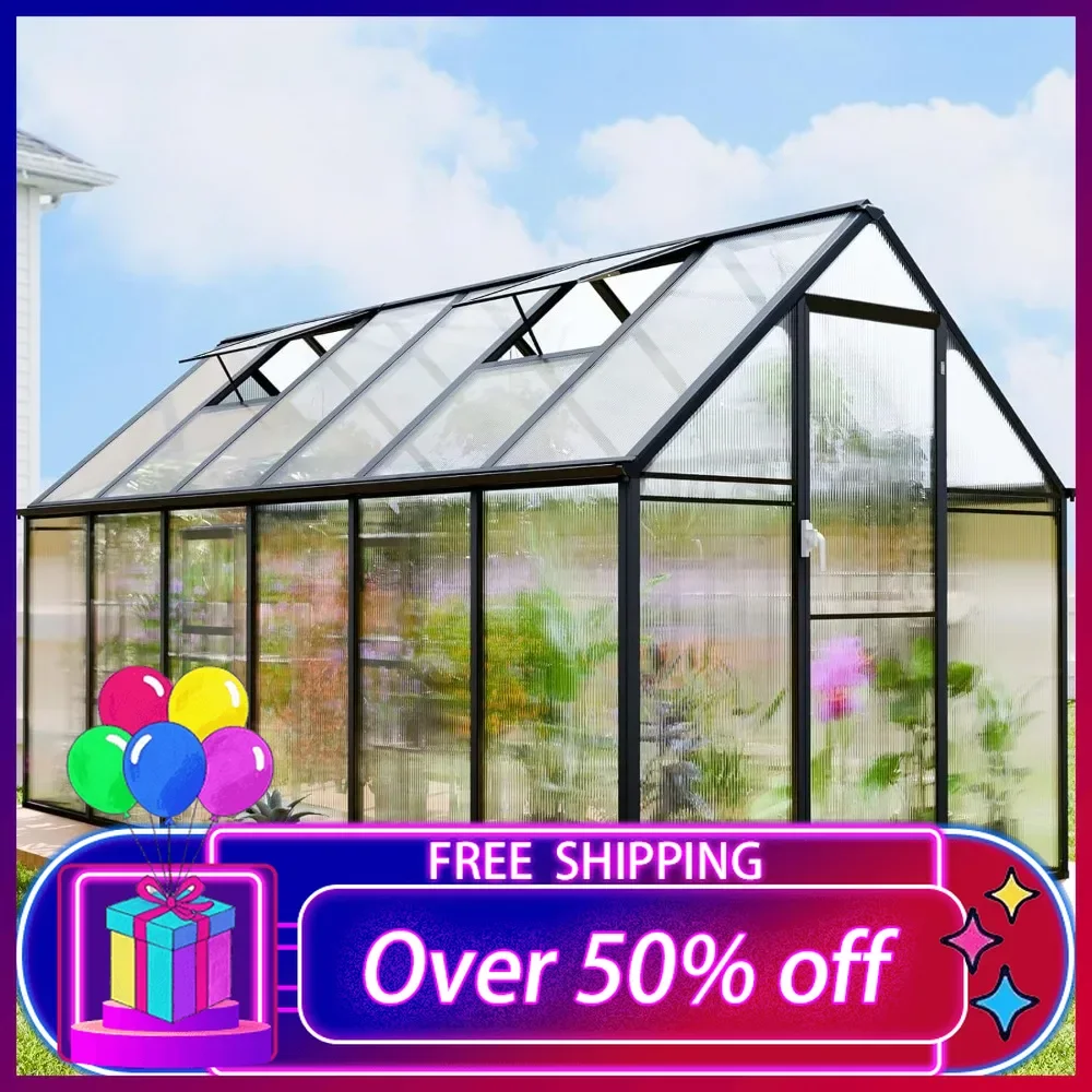 

Greenhouse 6x6x12 FT - Polycarbonate Green Houses, Hinged Roof Vent, Swing Doors,Outside Walk-in Grow House for Garden Plants