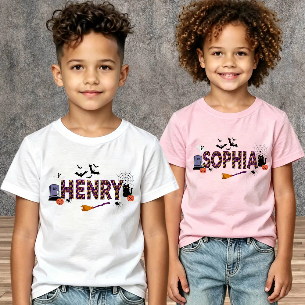 Halloween T-Shirt Kids Custom Name Personalized Trick or Treat Toddler Tee Cotton Short Sleeve Boys Girls Children Party Shirt