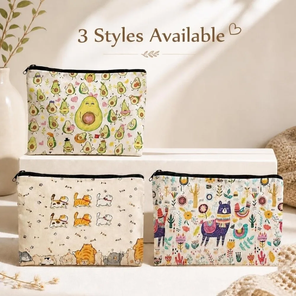 Strawberry Print Makeup Bag Pouch Large Capacity Canvas Stationery Pencil Case Zipper Animal Travel Toiletry Bag Student Adult