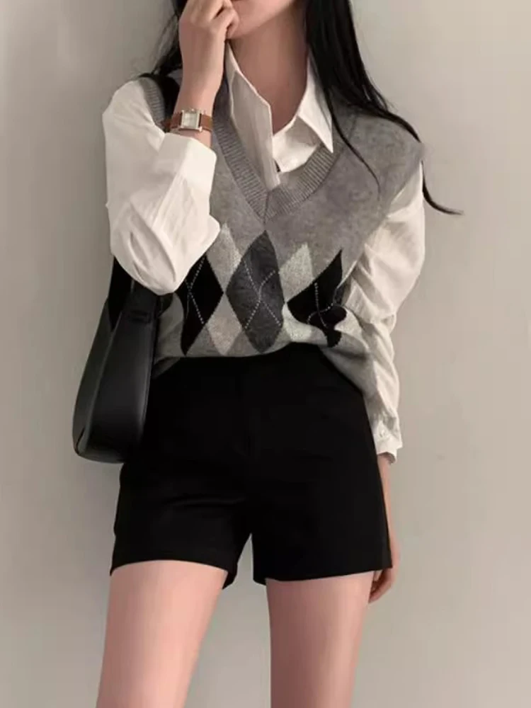 Chique V-Ne gebreid truivest Zacht Gezellig Herfst Nieuw Sle Dames Faion Layering College Sle Diamond Patroon Lang Sve