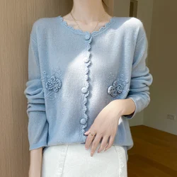 Autumn and winter new women's cardigan 100% pure wool solid color O-neck loose cashmere fashion heavy craft knitted coat