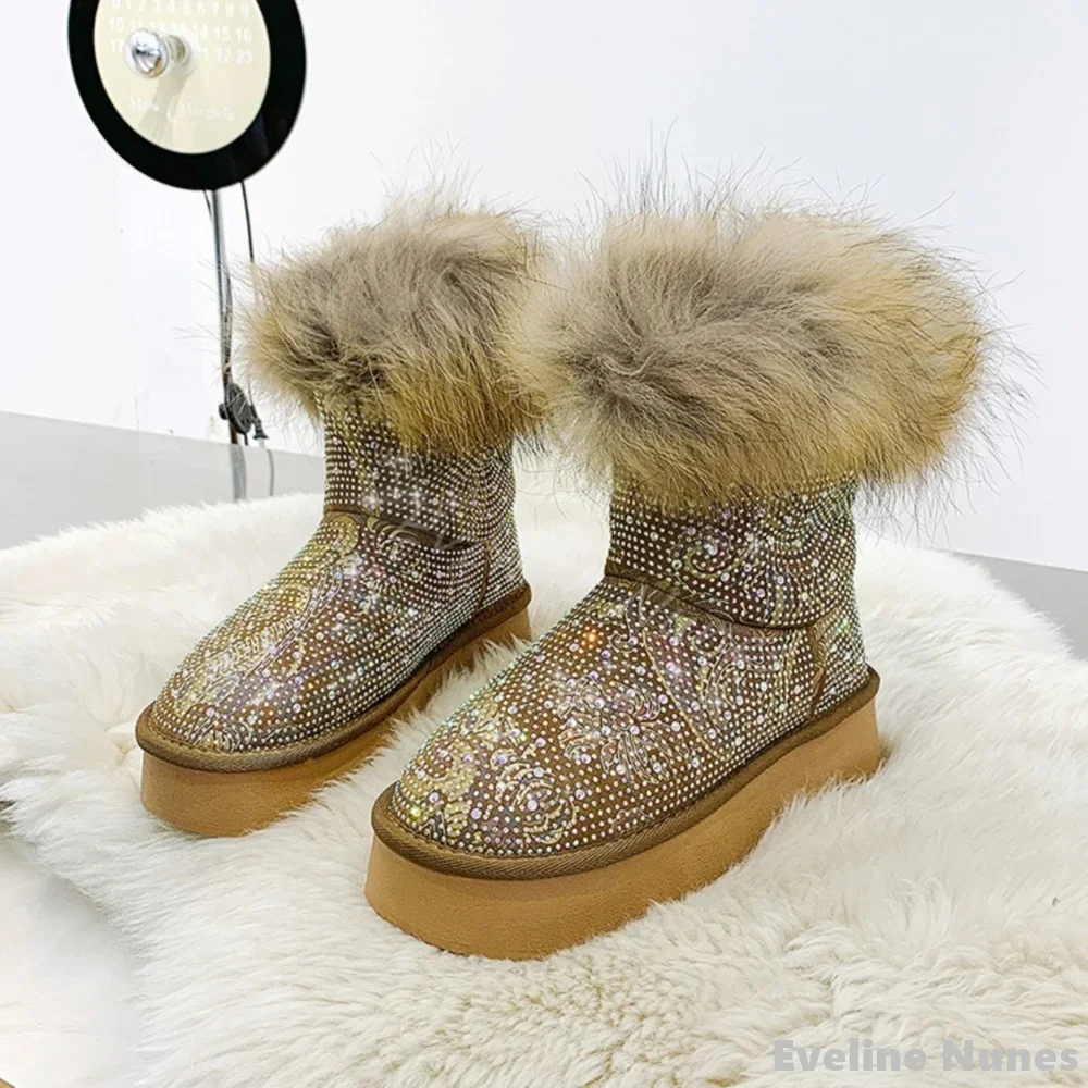 Shiny Baby's Breath Rhinestones Snow Boots Women Round Toe Slip On Gold Furry Ankle Boots 2025 Winter Warm Non-slip Snow Boots