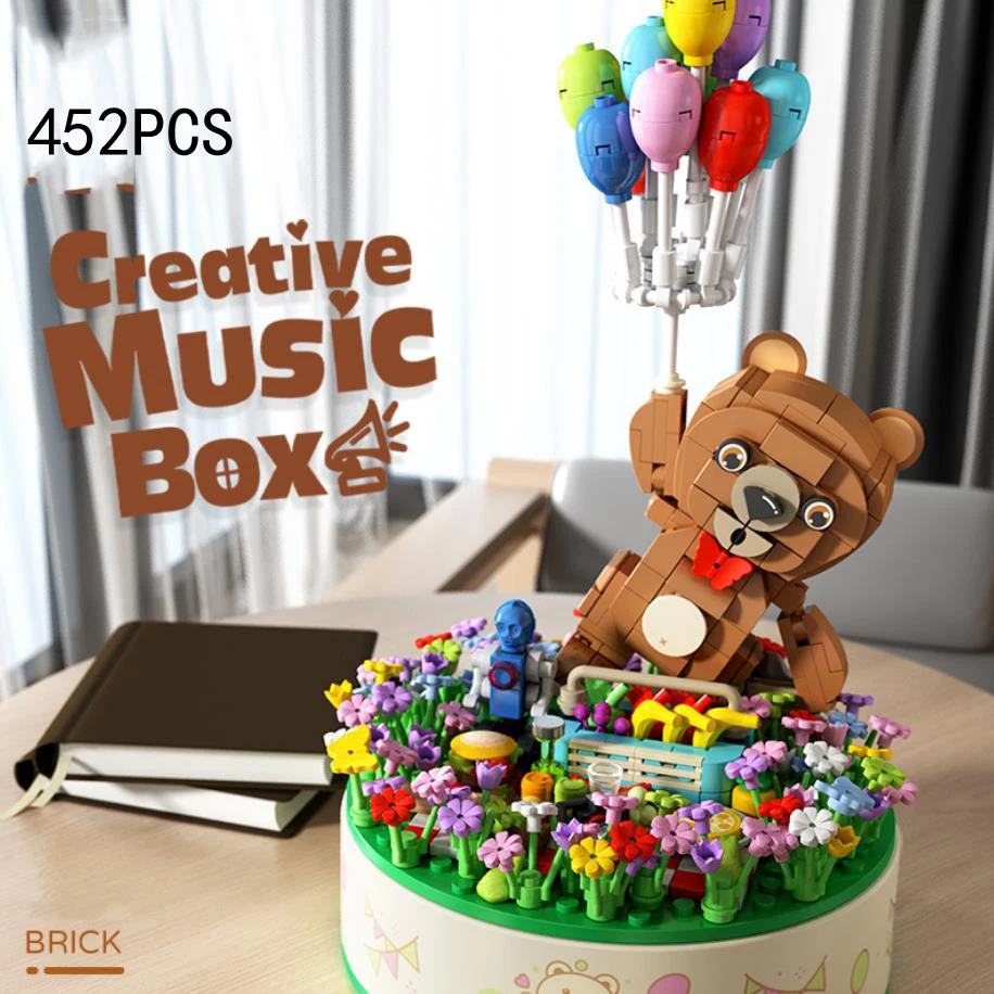 

Creative Music Box Building Block Cartoon Balloon Bear Amusement Park Construction Brick Educational Toys For Girls Gifts