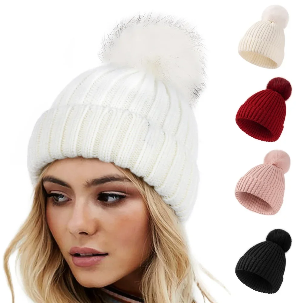 Women's Winter Beanie Hat with Satin Lining Removable Faux Fur Pom Pom Warm Knit Cap for Ladies