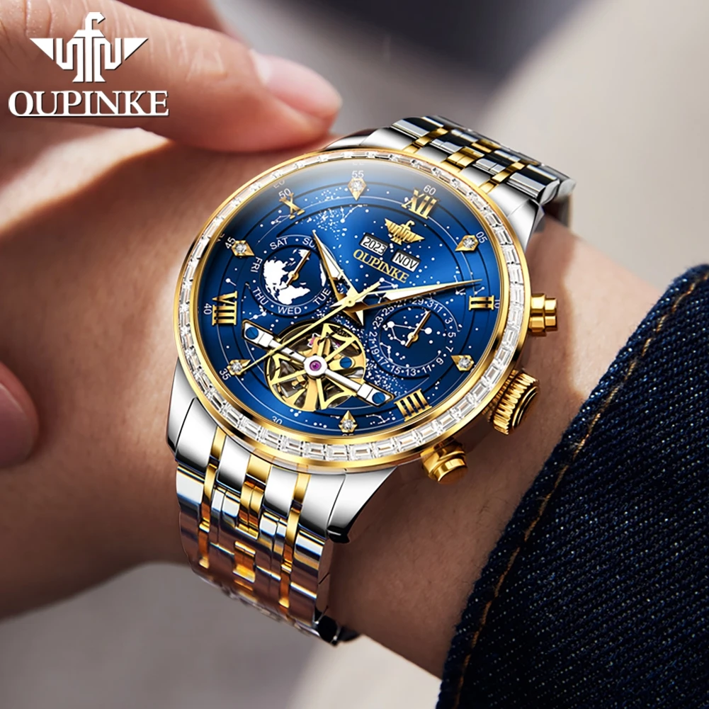 OUPINKE 3255 reloj para hombre Tourbillon de negocios de lujo reloj mecánico automático 50M reloj impermeable esfera de cielo estrellado regalo gratis