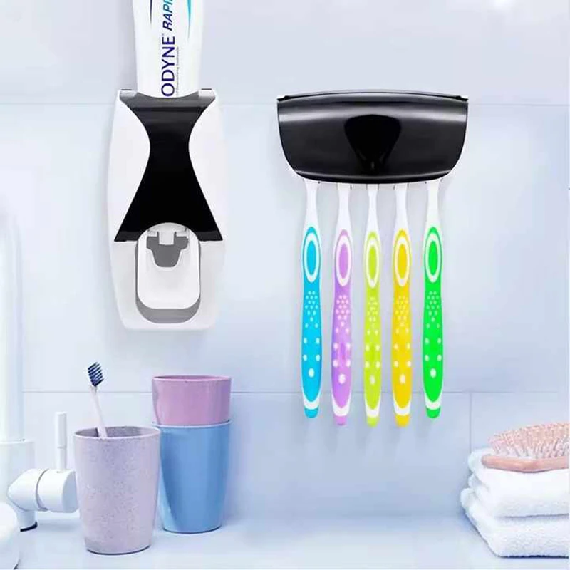 2 Pcs Bathroom Set Wall Mounted Automatic Toothpaste Squeezer Dispenser 5 Slots Toothbrush Holder for Adults Kids Family Use Kit