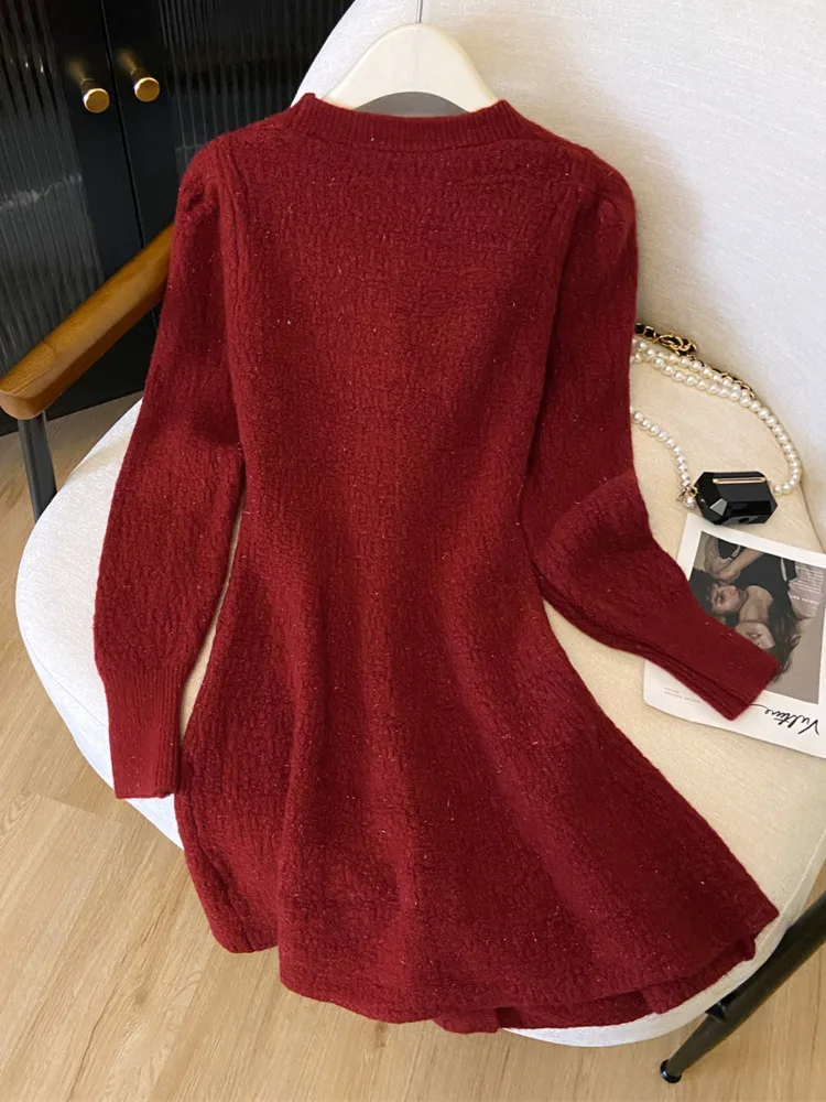 New Women\'s Knitted Elegant Mini Dress Autumn Long Sleeve Korean Single Breasted Fashion Office Lady Vintage Bright Silk Dresses