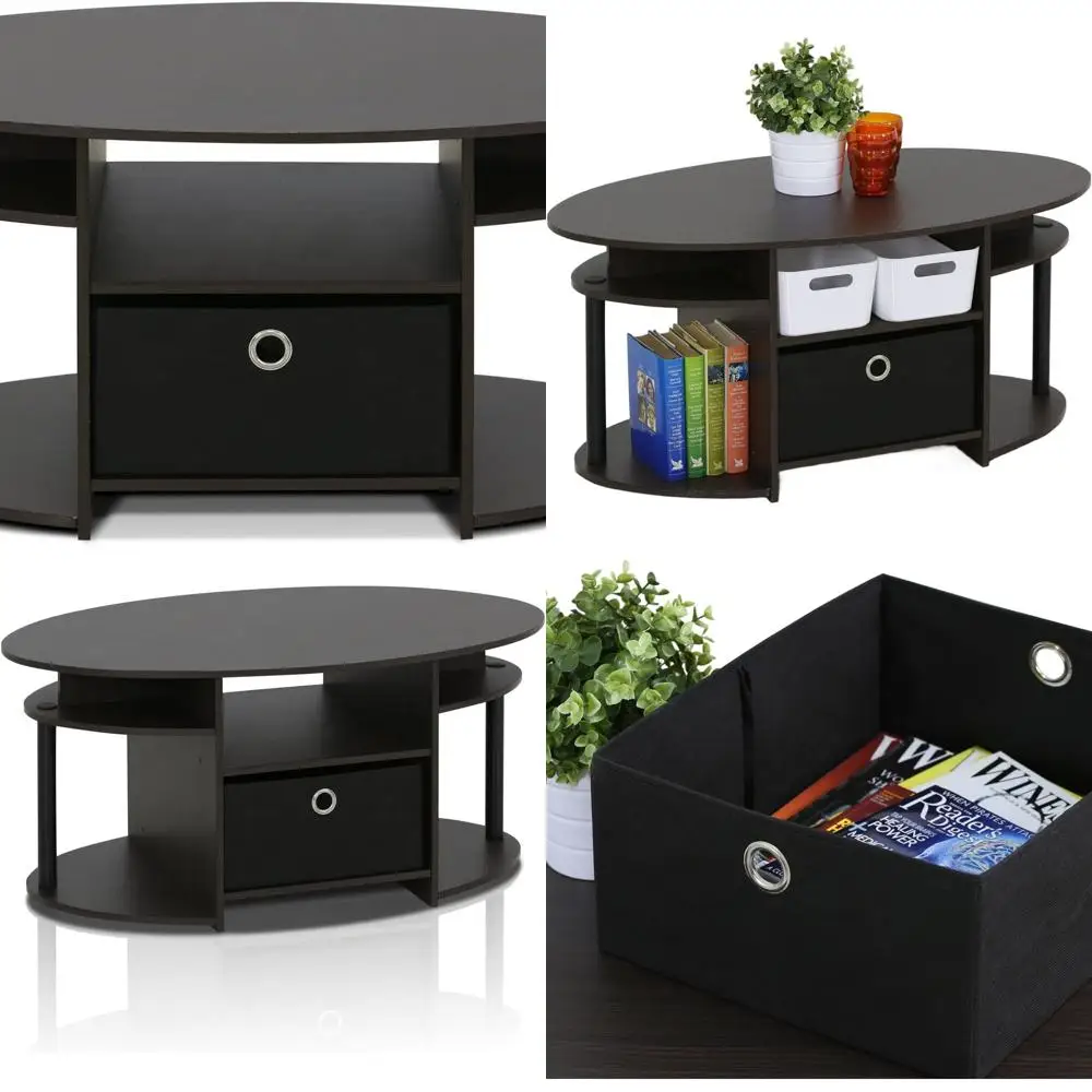 

Walnut Oval Coffee Table with Storage Bin for Living Spaces, Simple Design